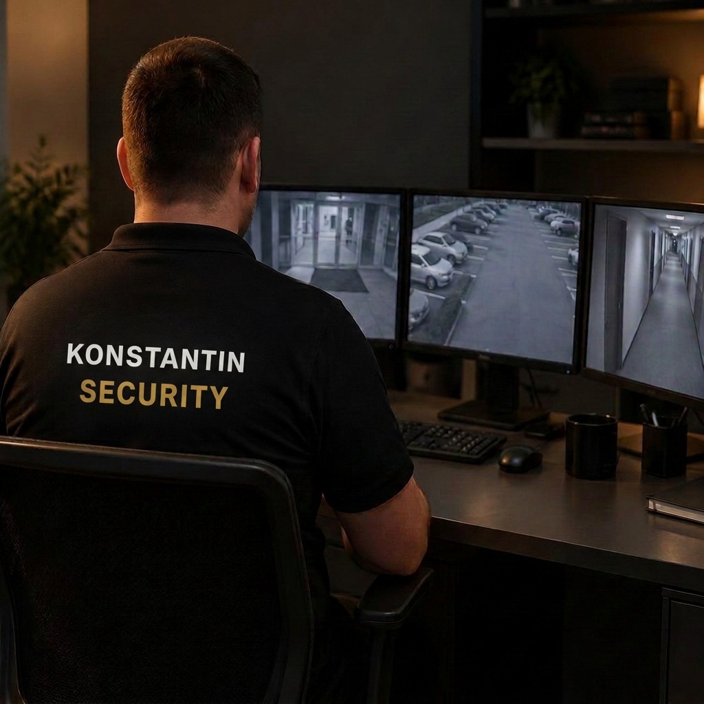 Ilustrativni prikaz službenika obezbeđenja koji prati ekrane video-nadzora.